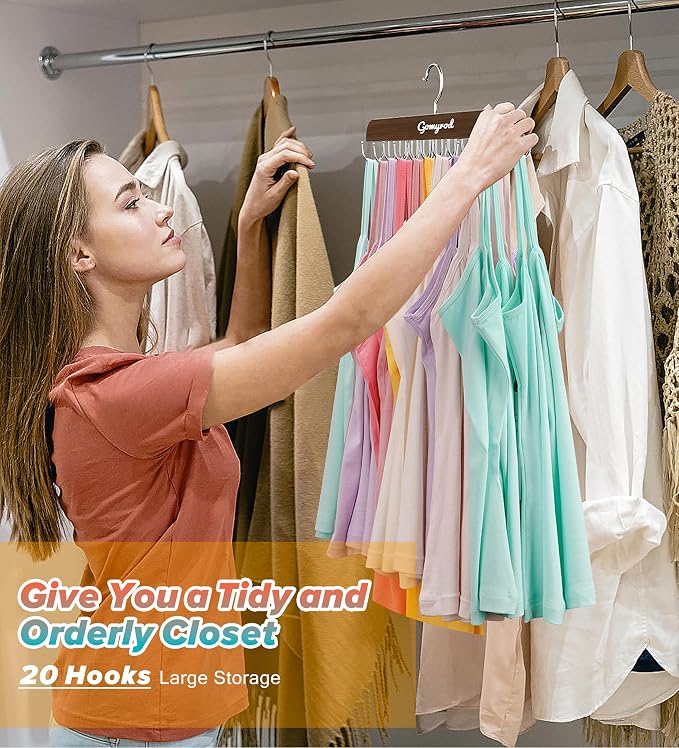 Gomyrod Tank Top Hanger, 2 Pack w/40 Hooks Bra Hanger for Closet Organizer | Premium Wood Space Saving Hanger, 360°Rotating Closet Organizers and Storage, Multi Hook Hanger for Dorm & Apartment, Brown