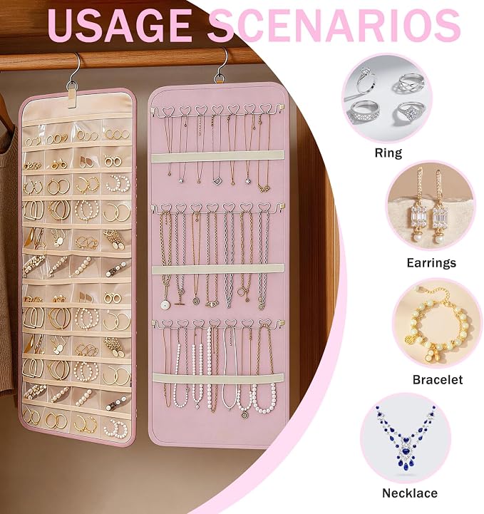 LAKSMI 2 PCS Large Hanging Jewelry Organizer for Closet, Wall or Door, 48 Pockets & 21 Hooks for Earrings, Necklaces and Rings