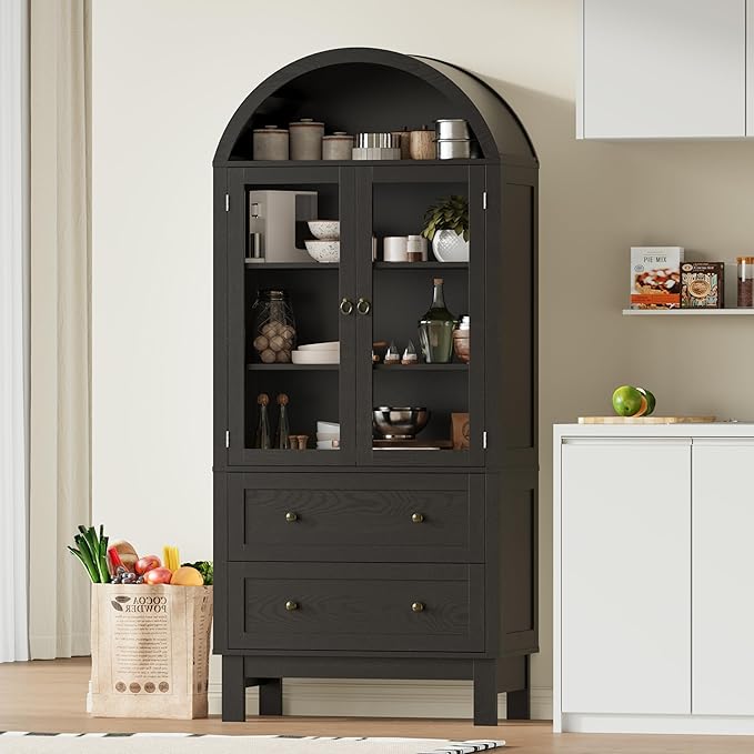71" Tall Arched Bookshelf, 6-Tier Bookcase with Glass Doors & Adjustable Shelves, Wood Display Book Shelf with Drawers for Living Room, Dining Room, Black