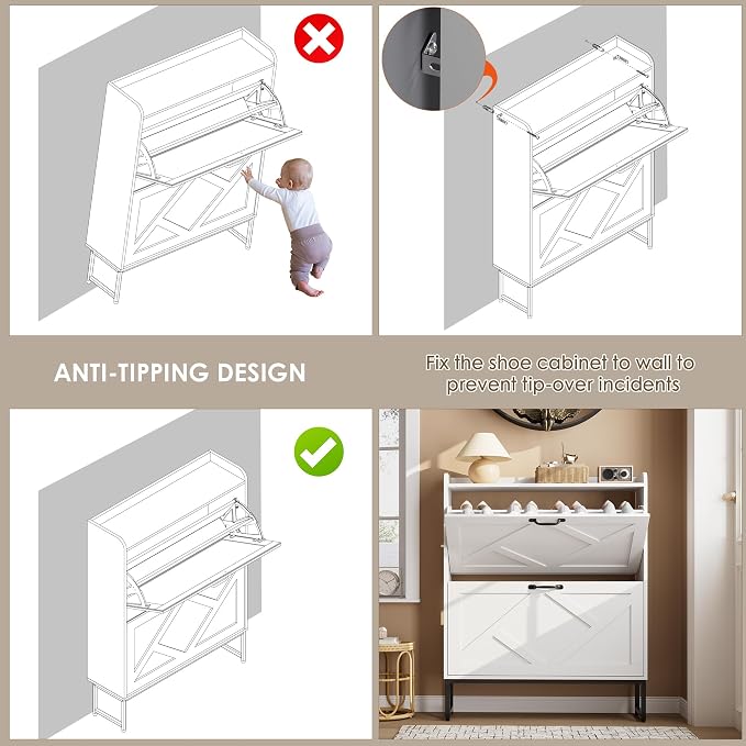 Nicetree Shoe Cabinet Storage for Entryway, Slim Shoe Storage Cabient with 2 Flip Drawers, Narrow Vertical Shoe Rack Cabinet with Metal Hooks, Small Space Solution for Hallway, White