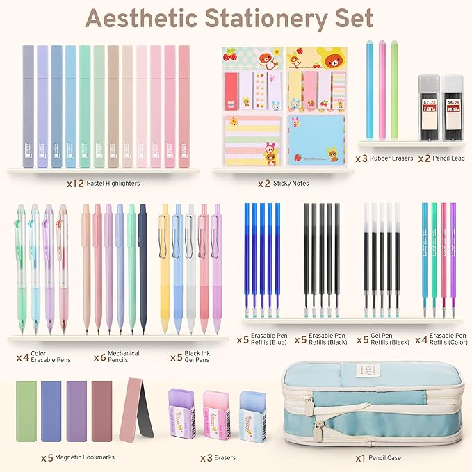 DazSpirit 62PCS Aesthetic Stationery Set with Pencil Case, No Bleed Highlighters, Gel & Erasable Pens, Mechanical Pencils, Refills, Cute College School Supplies for Note Taking, Journaling