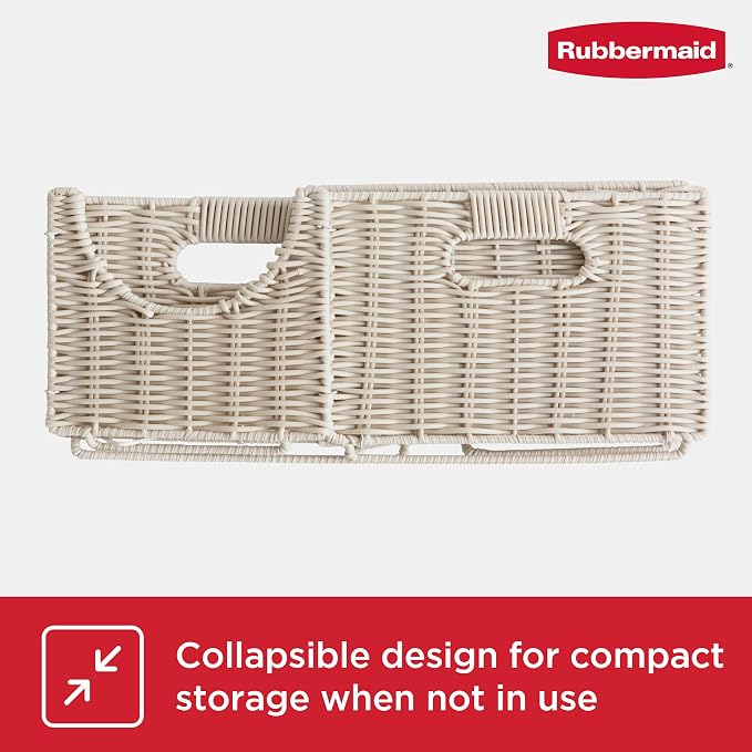 Rubbermaid Woven Storage Baskets - Set of 2 Stackable and Collapsible Bins with Handles, Small Resin Rattan Organizers for Shelves, Closet, Bathroom, Bedroom, 11.5” x 8”, Ivory