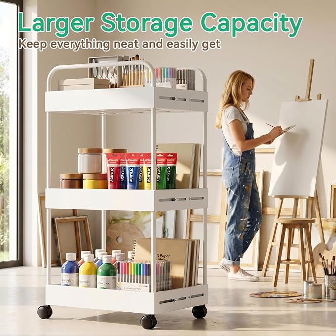 3 Tier Expandable Rolling Storage Cart, Rolling Utility Cart with Wheels | Expandable Adjustable Width, Sturdy Metal Frame, Silent 360° Wheels, Storage for Bathroom, Kitchen, Laundry & Living room