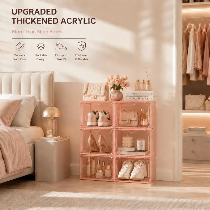 Translucent Pink Shoe Storage Boxes, 2026 2nd Gen Thickened Hard Plastic Stackable Organizer with Magnetic Door, Folding Shoe Racks for Closet, Decorative Sneaker Display Cases, 6 Pack