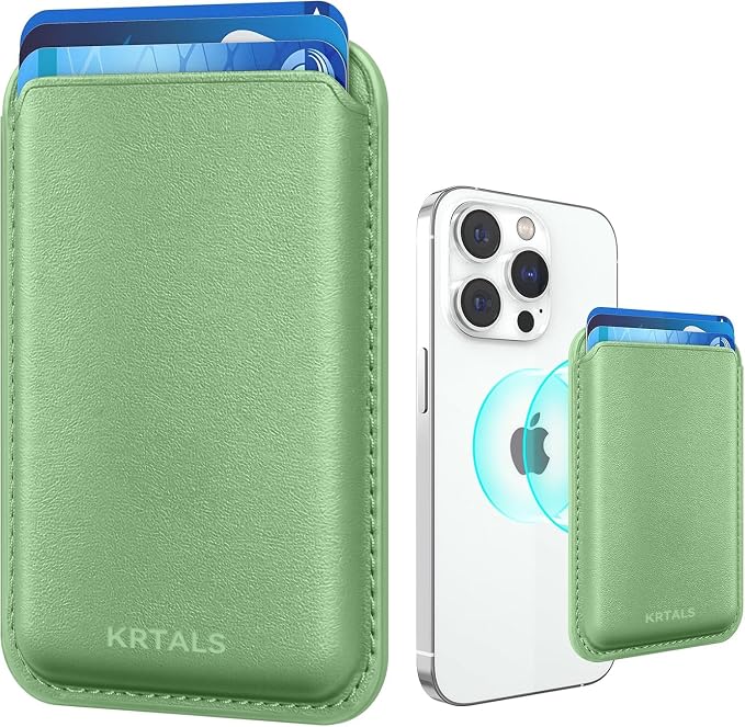 Magnetic Wallet Cell Phone Card Holder for Phone Case with Mag-Safe, Stronger Magnetic RFID Leather Phone Wallet Stick on Series of iPhone 17/16/15/14/13/12 and Pro/Promax,Light Green