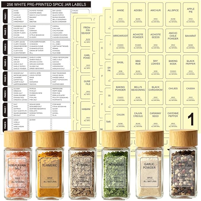 256 Spice Labels, Preprinted Minimalist Waterproof Stickers Removable Transparent Blank Label Expiration Date Labels Tear Resistant Sticker for Kitchen Jars Food Containers Spice Organizers Storage