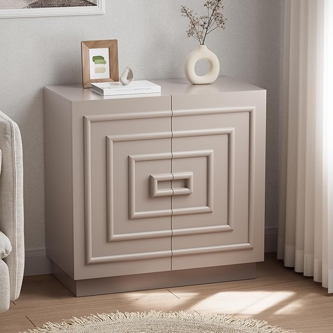 Aoikax Modern 2-Door Storage Cabinet, Sculptural Rustic Cabinet with Geometric Square Pattern, Contemporary Accent Cabinet for Bedroom, Living Room, Taupe Color