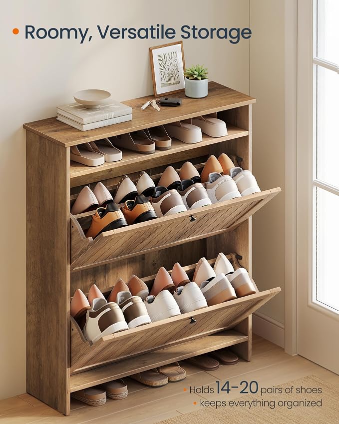 SONGMICS Home Shoe Cabinet, Snapsemble Superfast Assembly, Shoe Storage Cabinet for Entryway with 2 Flip Drawers, Adjustable Dividers and Open Storage, Farmhouse, Honey Brown