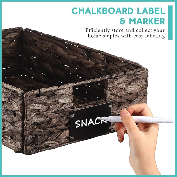 Nitial Wicker Storage Basket, Rectangular Water Hyacinth Storage Basket for Shelving, Foldable Woven Pantry Organizer with Chalkboard Label and Chalk Marker(16 x 12 x 5 Inch,Dark Brown)