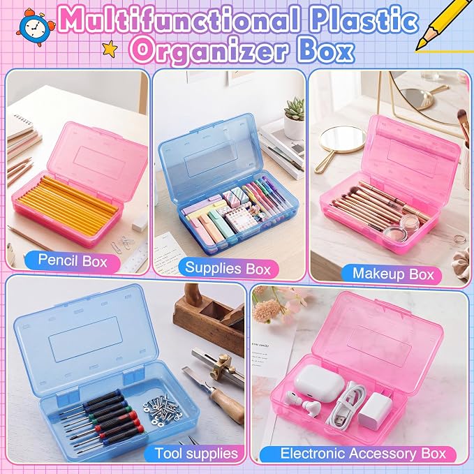 Blulu 6 Pack Large Plastic Pencil Case Box Clear Pencil Boxes Bulk Hard Crayon Box Storage with Snap Lids 8.1 x 4.7 x 2.2 Inch Painting Organizer Classroom Stationery School Supplies (Pink Blue)