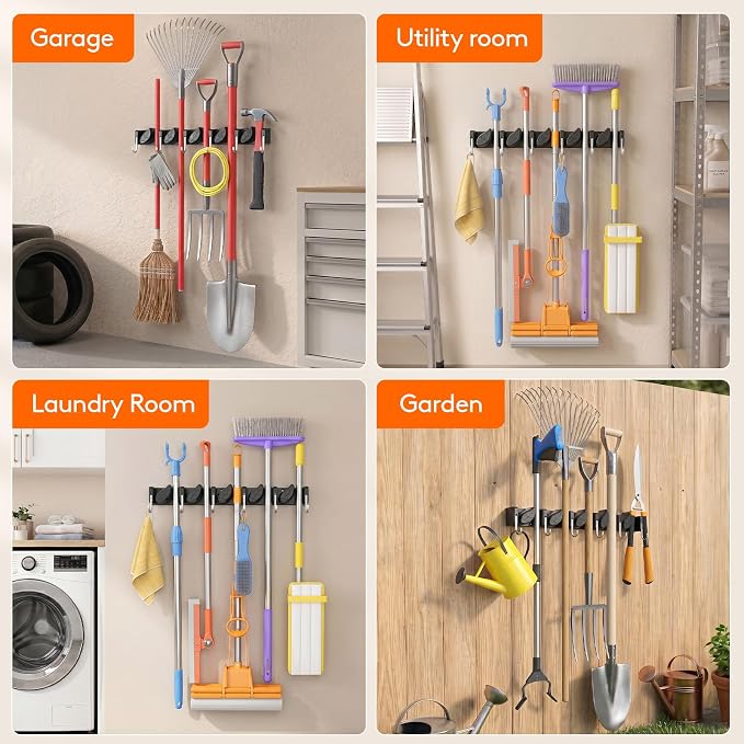 Lifewit Broom and Mop Holder Wall Mount, Non-Slip Cleaning Tool Hanger Organizer with 6 Hooks 5 Slots, Heavy Duty Hanging Broom Utility Rack for Kitchen, Garden, Garage, Laundry, 1 Pack, Black