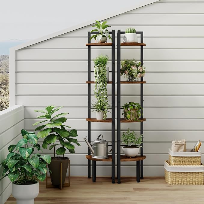 Tajsoon Tall Corner Book Shelf 4 Tier 48" Multipurpose Corner Standing Shelf with Metal Frame, Bedroom, Living Room, Office, Kitchen, Rustic Brown