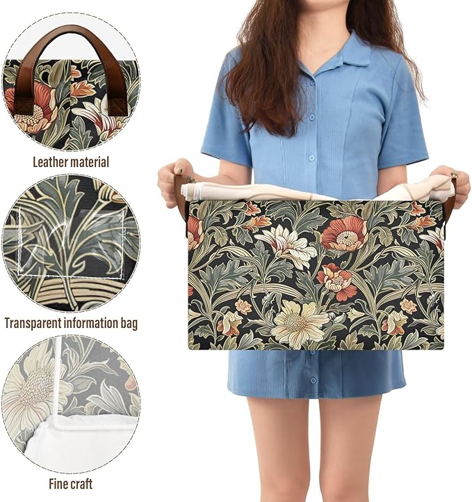 Vintage Cottage Sage Green Floral Green Black Storage Bins for Shelves with Labels&Handles Fabric Organizer Bin Foldable Rectangle Storage Basket Boxes for Closet, Bathroom, Home, Living Room