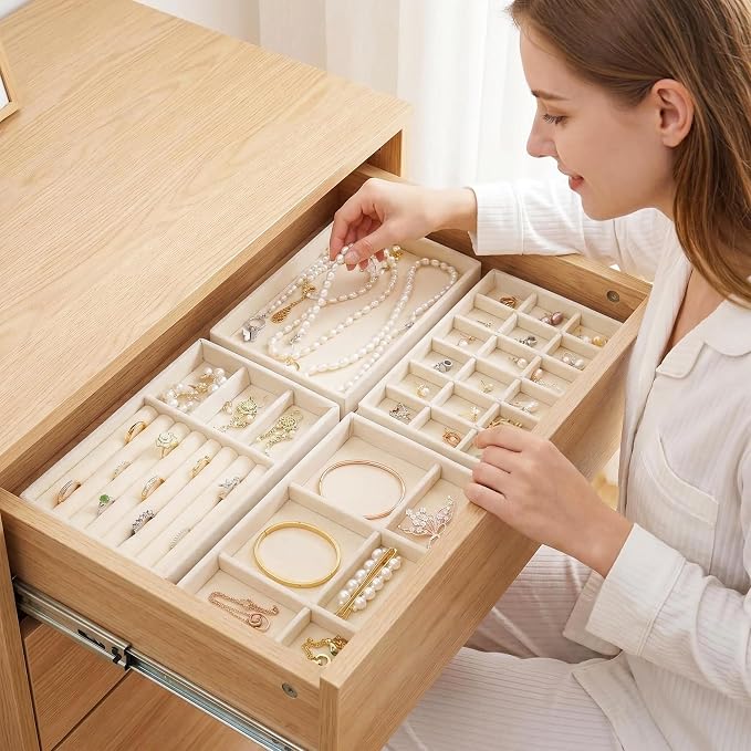 Velvet Jewelry Organizer for Drawer, Stackable Jewelry Drawer Inserts in Dresser, 8in Beige Storage Display Case for Rings Stud Necklaces Accessories, Set of 12