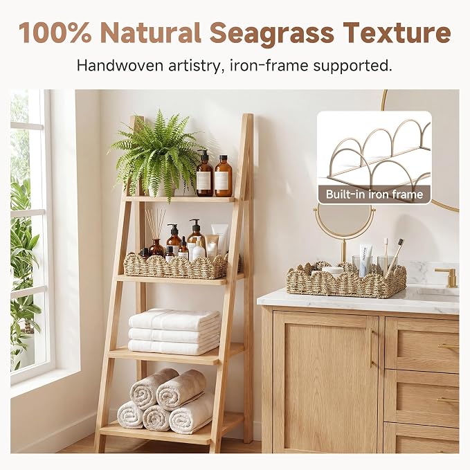 StorageWorks Large Scalloped Basket Trays for decor, Seagrass Wicker Storage Baskets for Shelves, Handwoven Rectangle Bathroom Baskets for Organizing, Shallow Wicker Tray for Ottoman, 2-Pack