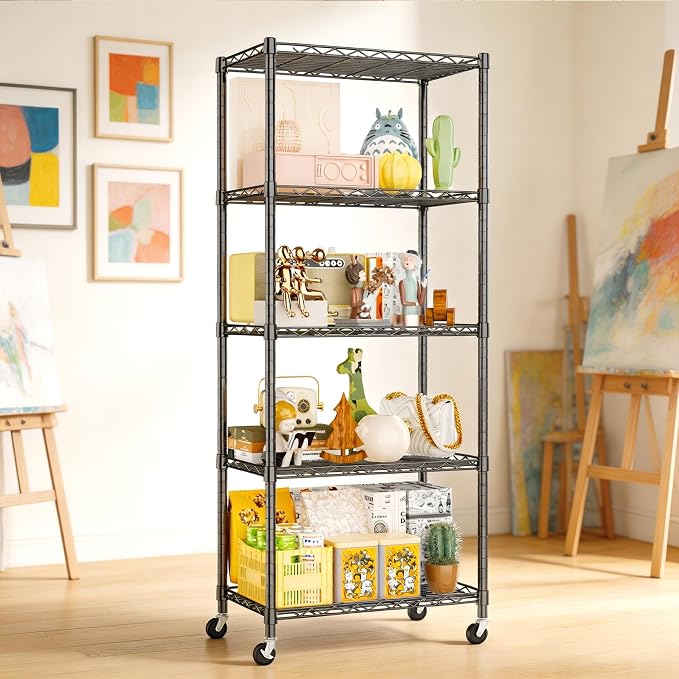 REGILLER 5-Wire Shelving Metal Storage Rack Adjustable Shelves,Standing Storage Shelf Units for Laundry Bathroom Kitchen Pantry Closet(Black,11.8" D x 21.2" W x 55" H,With Wheels)