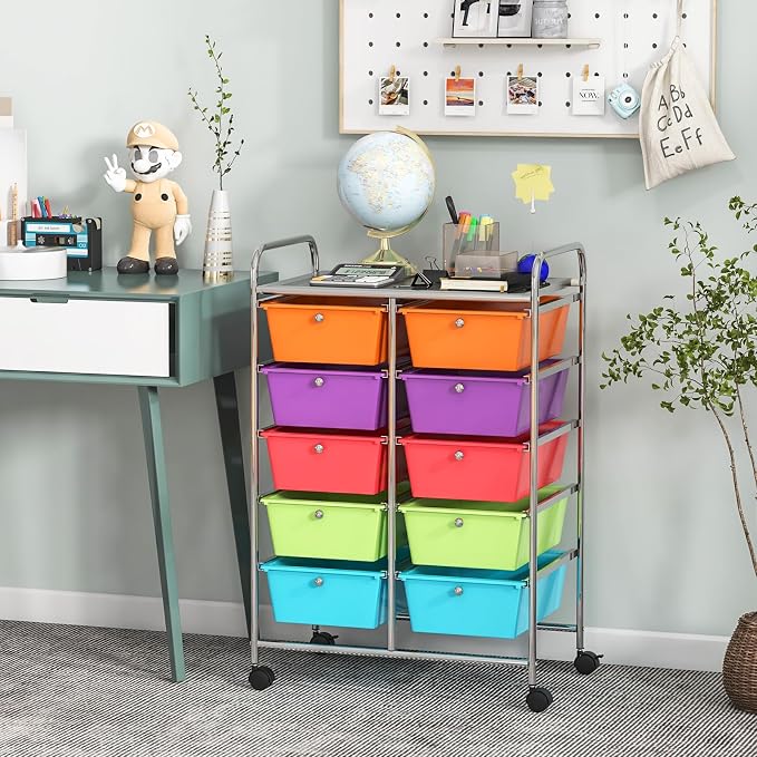 BECOMFORT 10-Drawer Rolling Cart with Drawers, Storage Cart on Wheels, Teacher Classroom Organizers with Metal Frame, Mobile Craft Cart, Trolley Utility Cart for School Office Play Room