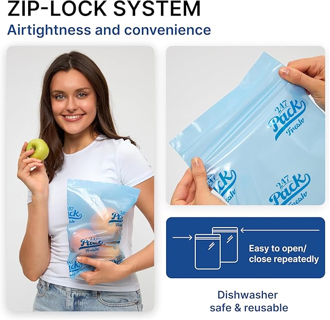 Freshpack 247 Produce Storage Bags Size L 12 x 14 Inches 1.5 Gallon 20 Pack Reusable Food Storage Bags With Zipper For Fruits Vegetables Meal Prep Lunch Pantry Use