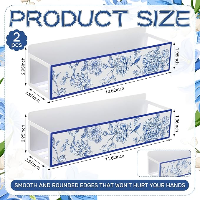 Beeveer 2 Pack Blue White Floral Magnetic Spice Rack for Refrigerator Chinoiserie Metal Fridge Magnet Shelf Basket Seasoning Storage Organizers Coastal Farmhouse Kitchen Decor and Accessories