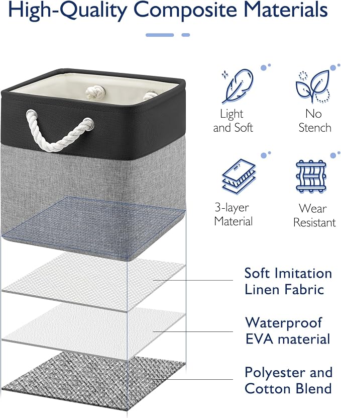 Patvingot 11 Inch Cube Storage Bins, 6 Pack Fabric Storage Cubes with Rope Handles, Organizer Baskets for Closet Shelves, Clothes and Home Organization(Dark/Gray)