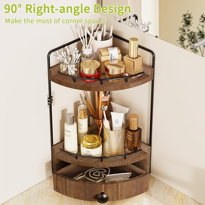 2-Tier Corner Bathroom Counter Organizer with Drawer, Dark Brown | Embedded Screw Holes, Wooden Countertop Organizers, Space-Saving, Bottom Ventilation Design, Counter Shelf for Vanity