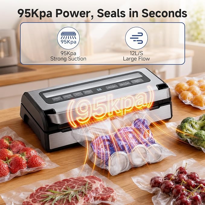 AAOBOSI 95KPa 9-in-1 Wet/Dry Vacuum Sealer, 8X Freshness | Seals Liquids,Meats &Wet/Dry Foods,95KPa Suction,1-Hand Lock,Smart Memory,Removable Drip Tray,Built-in Cutter & Starter Kit