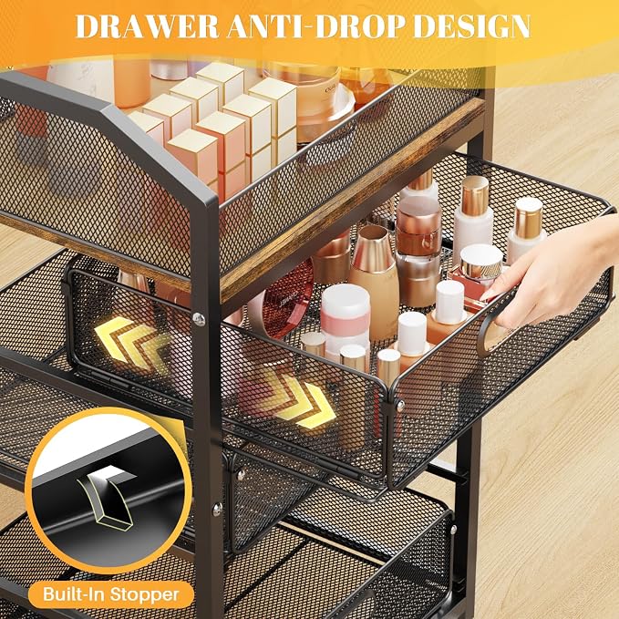 SUNALLY Rolling Makeup Cart Organizer with Drawers, 5-Tier Beauty Vanity Storage Cart for Skincare, Cosmetics, Nail Supplies and Bathroom Essentials, Black