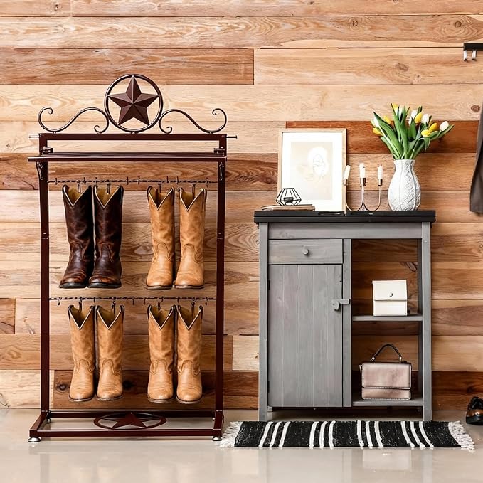 Novabright Western Boot Rack for 4 Pairs, Metal Star Freestanding Cowboy Boot Rack Vertical Organizer Storage Rustic Western Tall Boots Organizer Shelf for Tall Boots Hats Belts and Accessories