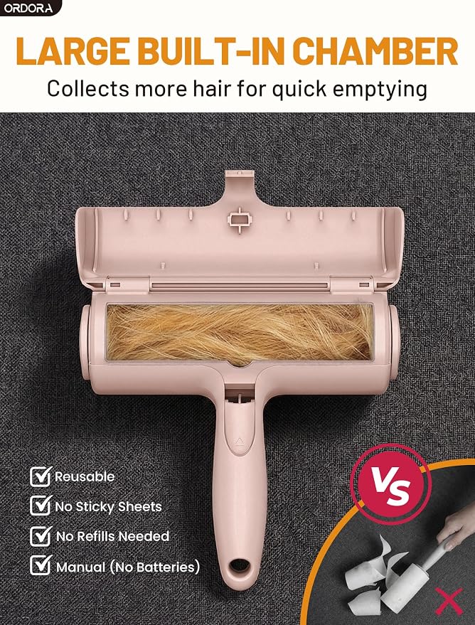 ORDORA Pet Hair Remover Roller, Reusable Lint Roller for Dog and Cat Hair | Portable Pet Hair Roller with Large Fur Bin for Couches, Bedding, Car, Rugs & Furniture, No Refills or Batteries, Pet Homes