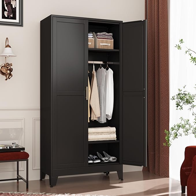 GAIOUS Metal Wardrobe Cabinet with Hanging Rod, Clothing Storage Cabinets | with 2 Doors and Adjustable Shelves, 71" Metal Black Armoire Wardrobe Closet for Bedroom, Laundry Room, Cloak Room