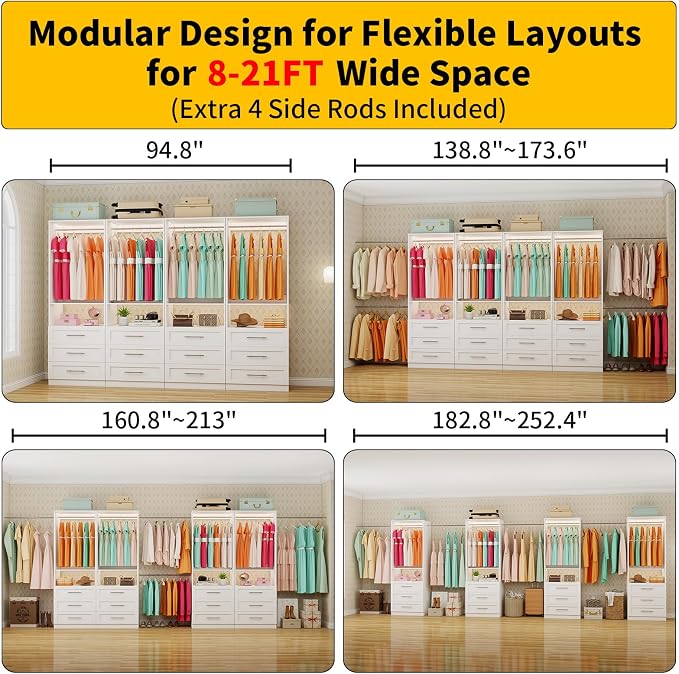Closet System with 12 Drawers, 8-21FT Closet Systems for Walk in Closets with 8 Expandable Rods & 4 Shelves, Custom Wood Modular Closet Organizer Drawer System Shelving Kit, 4 Sets, White