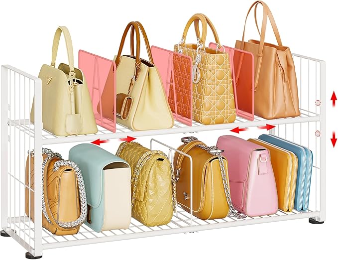 koozuuyk Purse Organizer for Closet-2 Tier Handbag Wire Organizer Rack with 6 Adjustable Shelf Dividers,Handbag Storage Holder for Purses,Totes,Clutches&Chain Bags