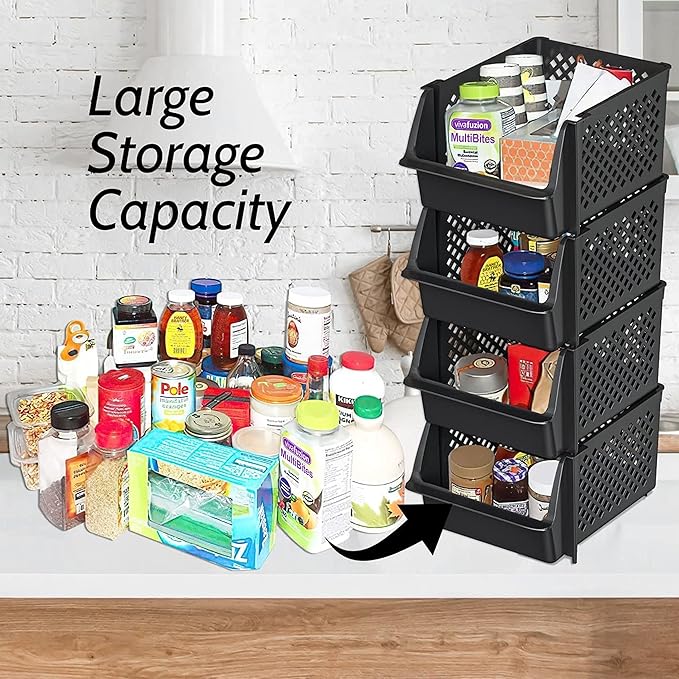 TidyFriend Stackable Storage Bins for Pantry - 8 Pack Stackable Bins for Organizing Food, Kitchen, and Bathroom Essentials (Black)