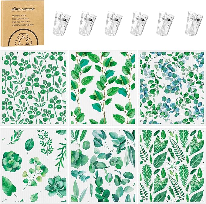 Needbrock 6 Pack Swedish Dishcloths for Kitchen, Swedish Rags Absorbent Green Leaf Dish Cloths with Adhesive Clips, Reusable Paper Towels No Odor for Countertop Dishes Cleaning