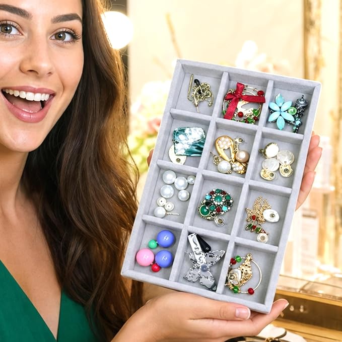 Jewelry Storage 8PACK, Velvet Jewelry Organizer Trays, 4PCS Stackable Jewelry Tray for Drawers, Grey Organizer for Rings, Earrings, Necklaces, Watches, Bracelets, Brooches