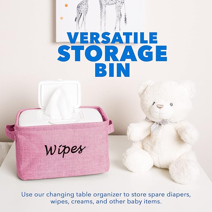Dejaroo - Baskets for Organizing Wipes and Newborn Essentials, Diaper and Wipes Organizer, Embroidered Baby Shower Gifts for Moms, Linen Basket with Handle, 9 x 6 x 5.5 Inches, Pink