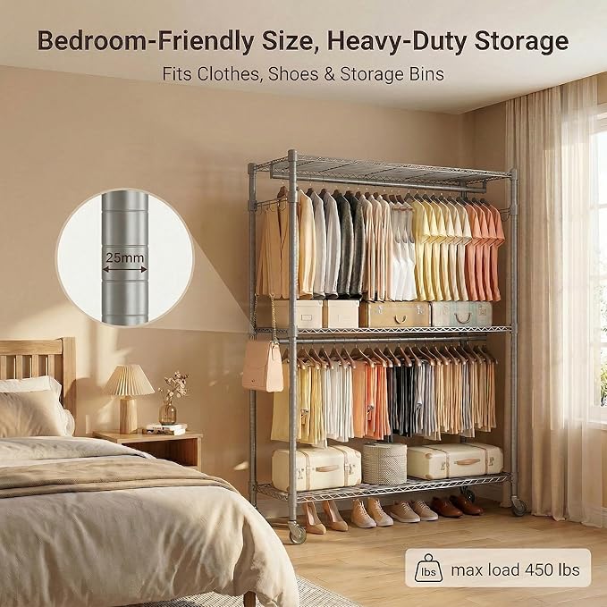 Homdox Rolling Clothes Rack Heavy Duty, 3-Tier Adjustable Wire Shelving Garment Organizer with Double Rods & Hooks, Portable Clothes Rack with Wheels, 17.72" D x 47.24" W x 80.71" H, Grey
