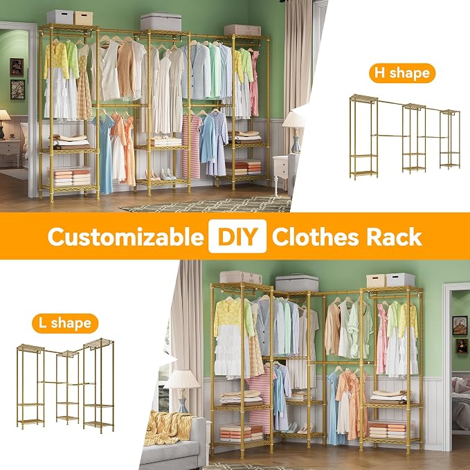 Higeego Large Clothes Rack, Clothing Rack for Hanging Clothes, Heavy Duty Garment Rack, Freestanding Wardrobe Closet with Extendable Hanger Rods, Width from 7.8 to 10.8 ft, H11 Gold