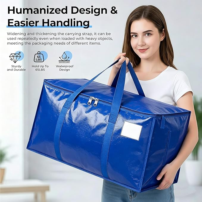 Extra Large Storage Bags, 23 Gallon Capacity, Pink Waterproof Moving Totes with Handles and Label Pocket, Heavy Duty Zipper (2 Pack Blue)