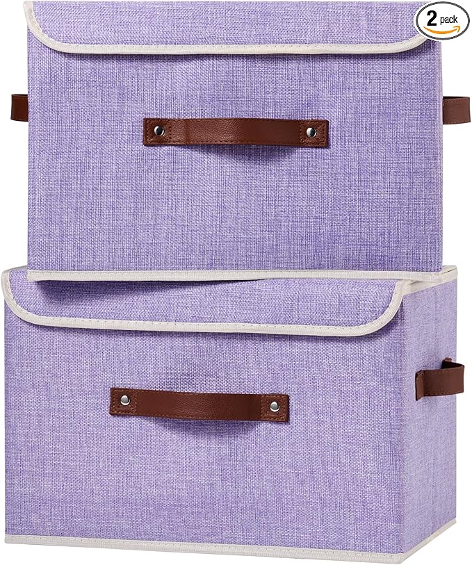 2PCS Storage Boxes with Lid Cotton Linen Fabric Storage Bins Organizer Container Decorative Collapsible Washable Shelf Closet Baskets Faux Leather Handles Home Bedroom (Purple, Large)