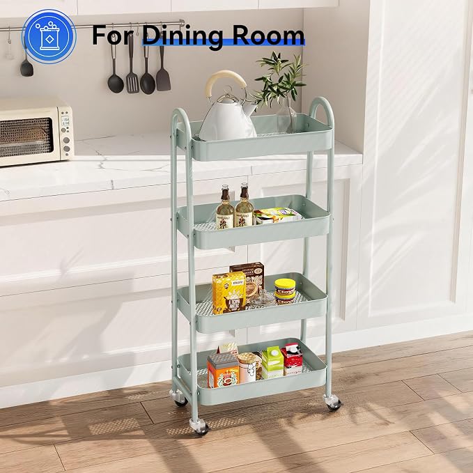 NEWBULIG 4-Tier Metal Rolling Cart with Lockable Wheels, Heavy Duty Mobile Utility Storage Shelf, Roller Book Snack Cart, Green