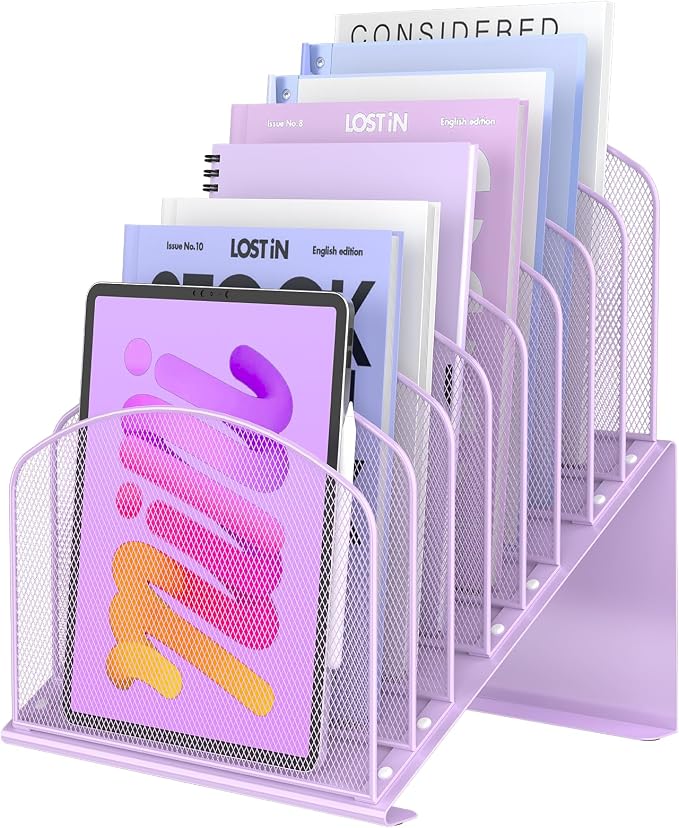 Inclined Desk File Organizer Metal Desk Magazine Folder Holder with 8-Section Vertical Compartments Rack File Organizer for Office, Home, School, Purple