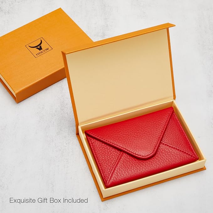 HISCOW Italian Pebbled Leather Business Card Holder, Minimalist Full Grain Envelope Card Case with Hidden Magnetic Closure, 0.19 Inch Slim Front Pocket Wallet for Men and Women, Rosso Red