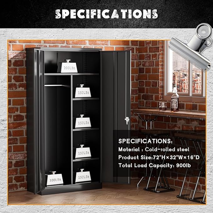 Greenvelly Metal Storage Cabinet with 2 Doors, Black 72” Steel Storage Wardrobe Cabinet, Employees Locker Closet Clothing Coat Steel Wardrobe Cabinet with Hanging Rod for Garage, Gym, Home Office