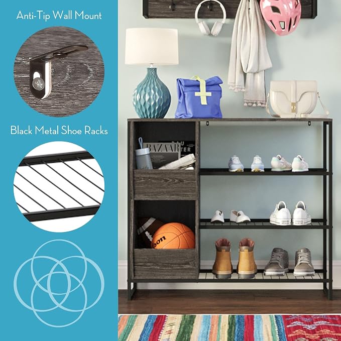 RiverRidge Afton Shoe Storage Organizer, Black Frame + Weathered Woodgrain | Versatile Entrway Shoe Rack with 3 Metal Shelves, and 2 Cubby Bins