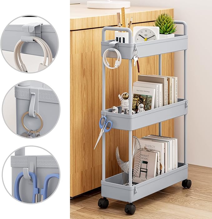 SOLEJAZZ Slim Rolling Storage Cart Skinny Bathroom Organizer, 3 Tier, Gray | Thin utility cart with wheels for bathroom, laundry room, bedside, kitchen, dorm, office, next to fridge, small narrow places