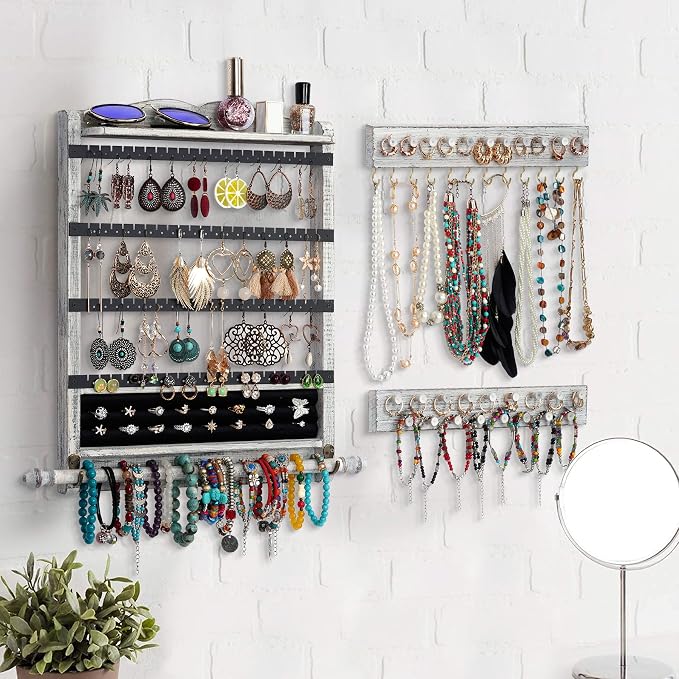 Wall Jewelry Organizer,3Pcs Hanging Jewelry Organizer,Wooden Jewelry Holder | Rustic Wall Mounted Jewelry Organizer and Storage,Wall Jewelry Hanger for Home Jewelry Storage Display