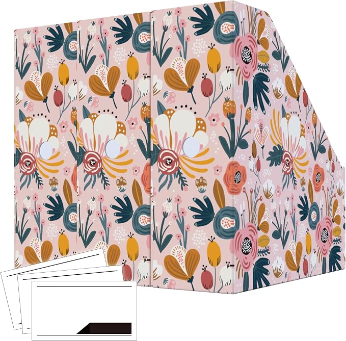 ANSSDO 6 Pack Cardboard Magazine File Holder Organizer - Pink Floral | 12 Pieces Lable Included; Large Volume Recycable Cardboard Storage Box for Letter-sized Documents or Textbooks on Desk