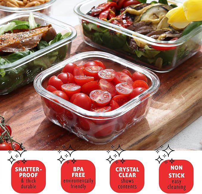 EATEX 16pc Glass Food Storage Containers with Lids, Airtight Glass Meal Prep Containers, 8 Reusable Food Storage Bins with 8 Leakproof Snap Lock Lids, Oven Microwave Freezer Safe Containers New