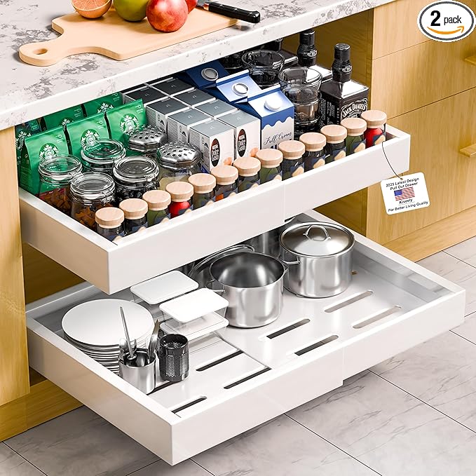 Kiseely 2 Pack Pull Out Cabinet Organizer Expandable, Adjustable Width 12.6"-20.6", Slide Out Drawers and Roll out Drawer for Pots and Pans, Adhesive No Drill Screw (White ND1)